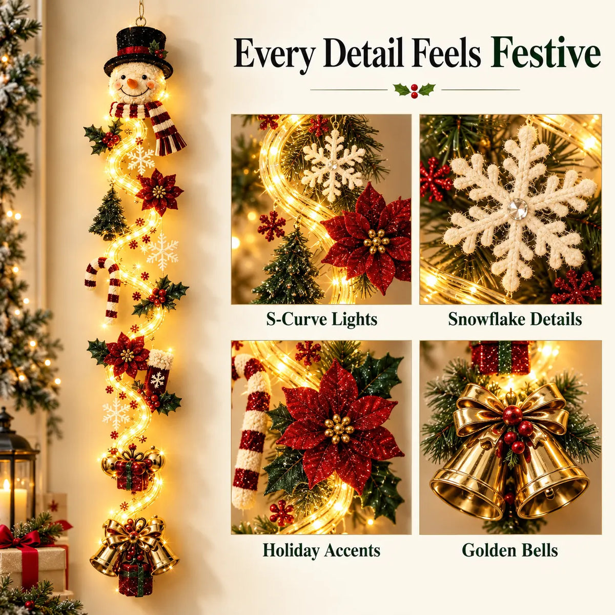 🎄 Glowing Christmas Door Hanger | 6 Festive Lighted Designs with Warm Glow, Dimensional Details & Space-Saving Vertical Décor ✨